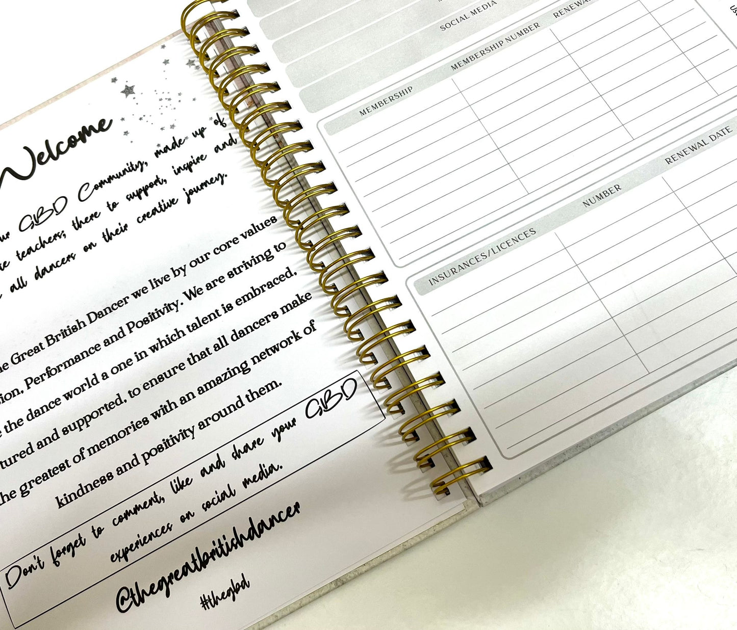 A4 Dance Teacher Planner. Choreography Planner, Show and Event Planning, Notes sections, timetable, registers, student records.