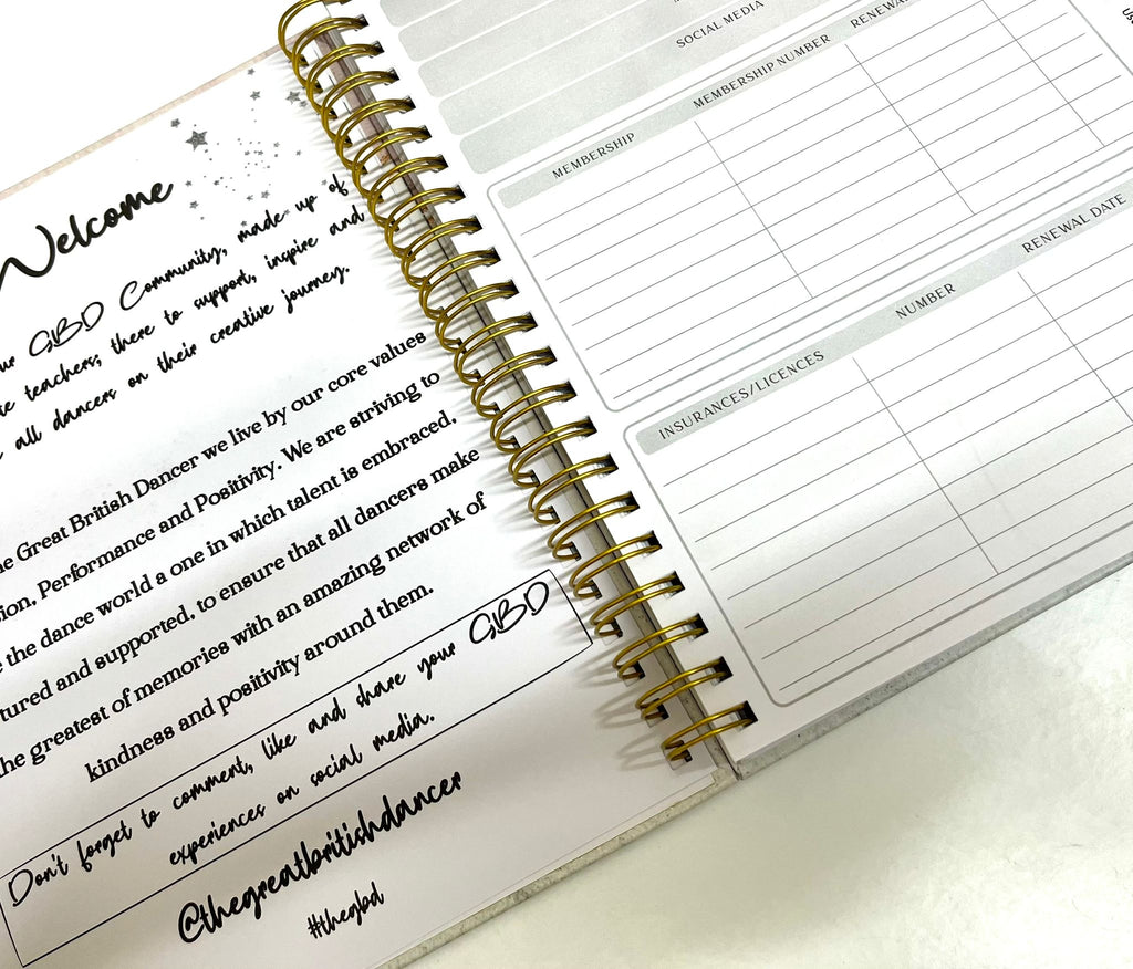 A4 Dance Teacher Planner. Choreography Planner, Show and Event Planning, Notes sections, timetable, registers, student records.  